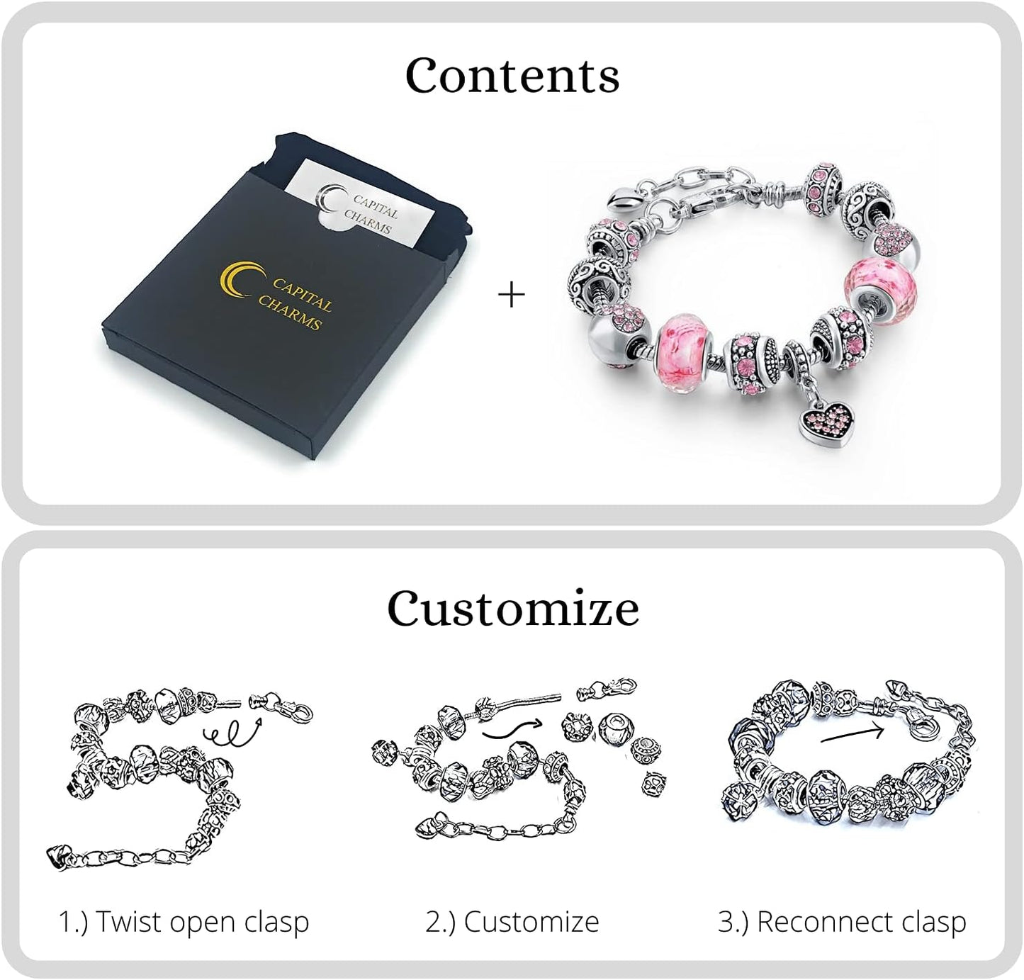 Manufacturer Pink Hearts Silver Plated Charm Bracelet Set, Jewelry Gifts with Beads, Charms, and Adjustable Snake Chain, Fits 7.5"+1.5" bracelets