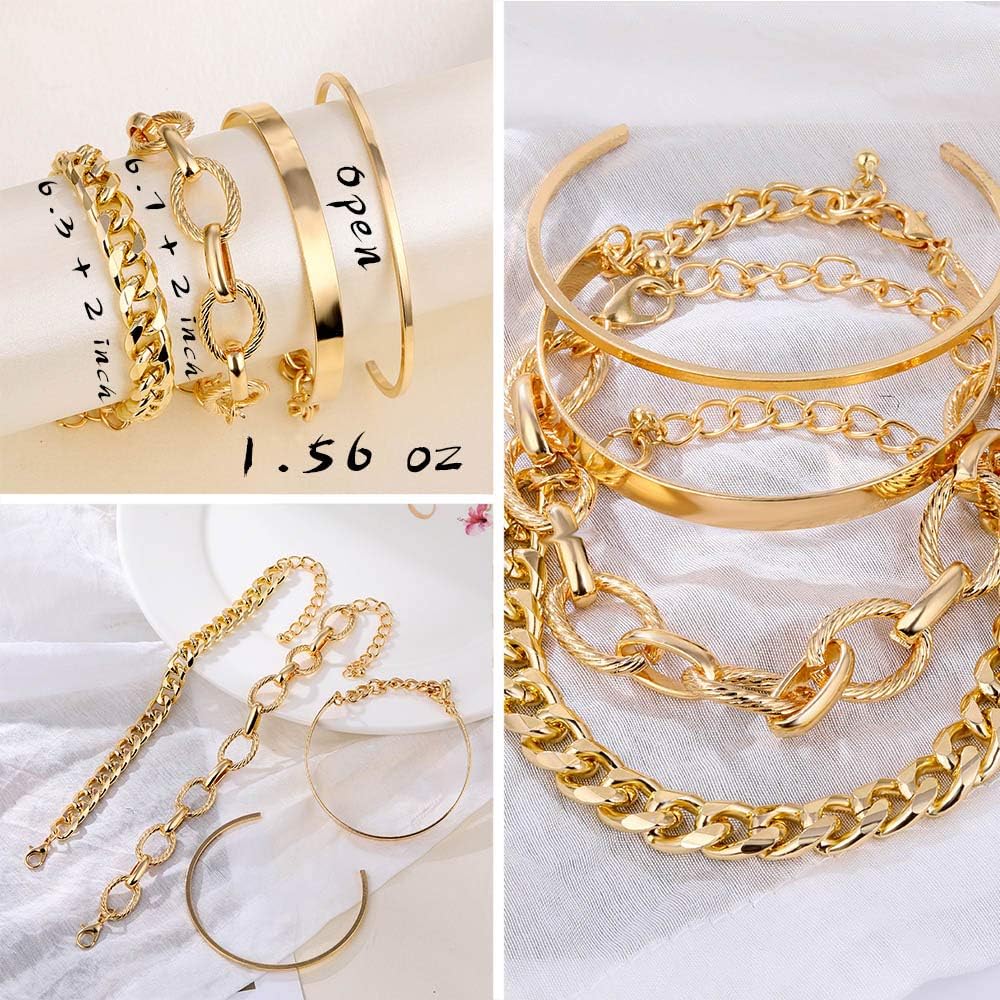 Manufacturer IFKM 6 PACK (24 PCS) Boho Gold Chain Bracelets Set for Women, 14K Gold Plated Multiple Layered Stackable Open Cuff Wrap Bangle Adjustable Link Italian Cuban Jewelry for Women Gift bracelets