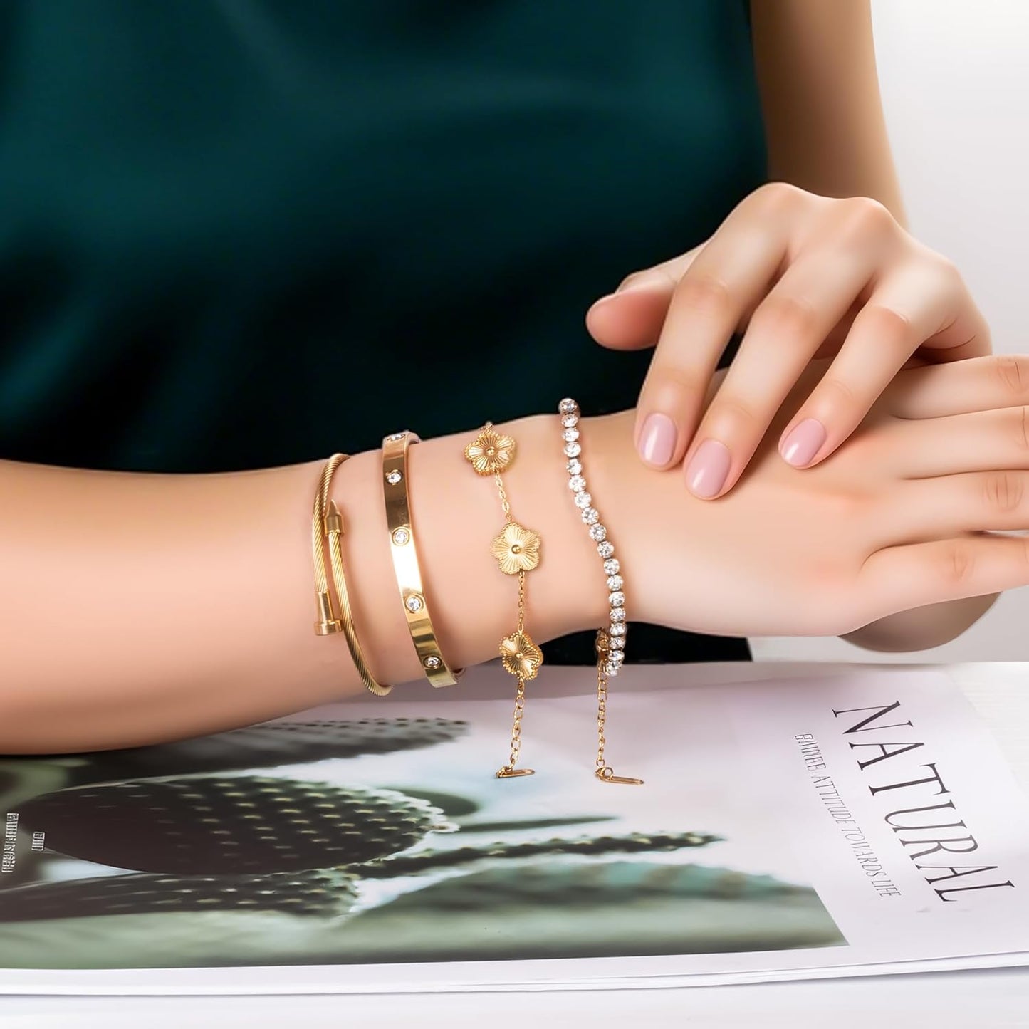 Manufacturer Lamdo 18K Gold Plated Womens Stackable Floral Gold Clover Bracelets Set Love Bangle Bracelets Non Tarnish, Gold Bracelet Set Trendy Jewelry,Gifts for Women's Day and Mother's Day bracelets