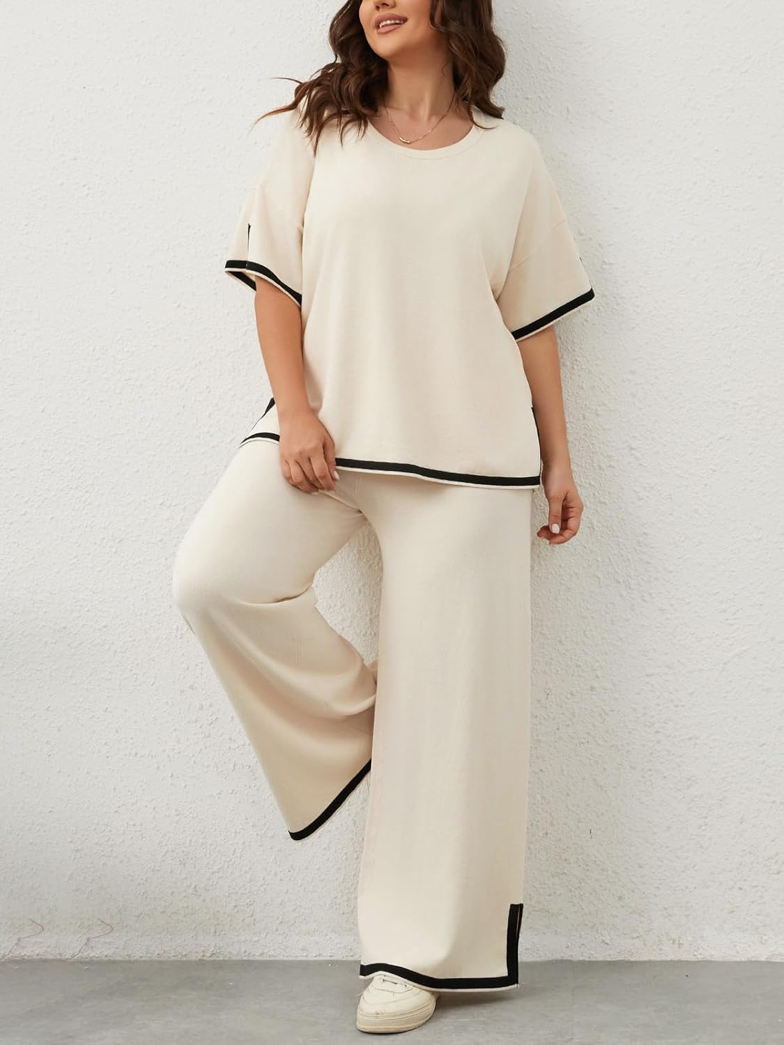 Imily Bela Womens Plus Size Lounge Sets 2 Piece Outfits Short Sleeve Pullover Tops Wide Leg Pants Summer Travel Outfits suits
