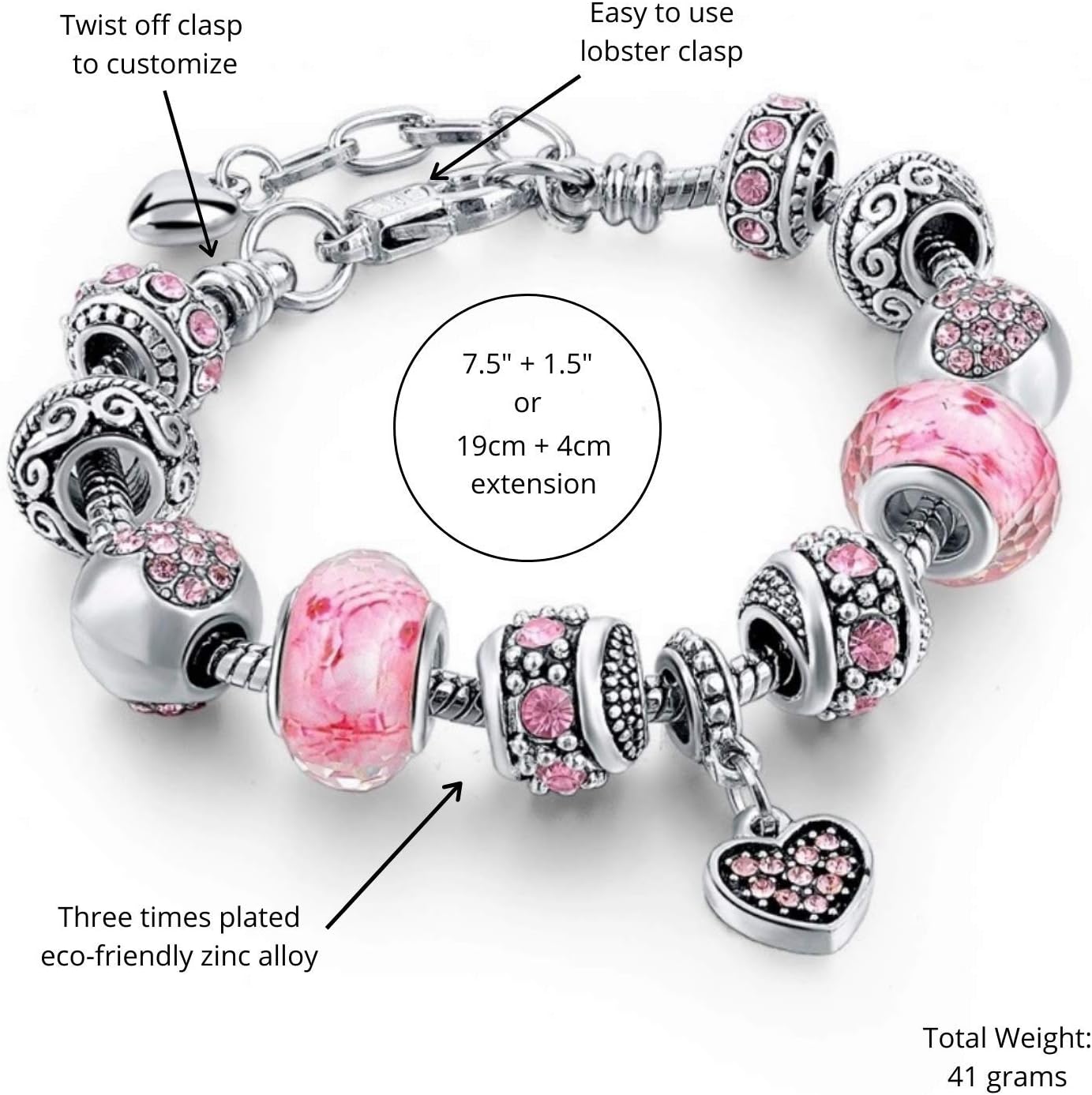 Manufacturer Pink Hearts Silver Plated Charm Bracelet Set, Jewelry Gifts with Beads, Charms, and Adjustable Snake Chain, Fits 7.5"+1.5" bracelets