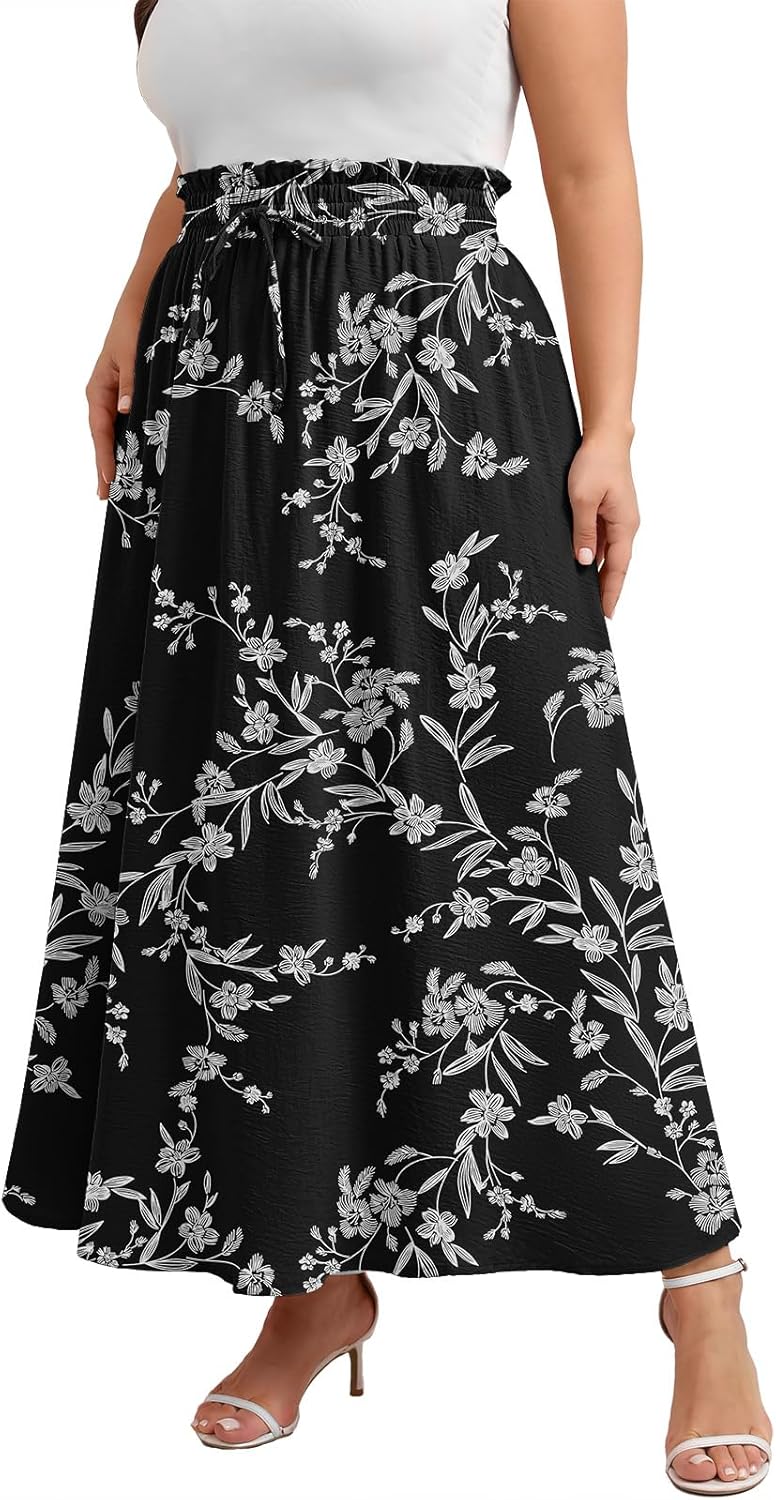 Xpenyo Womens Plus Size Maxi Skirts Summer Elastic High Waisted Boho Casual Beach Flowy Swing Long Skirts with Pockets