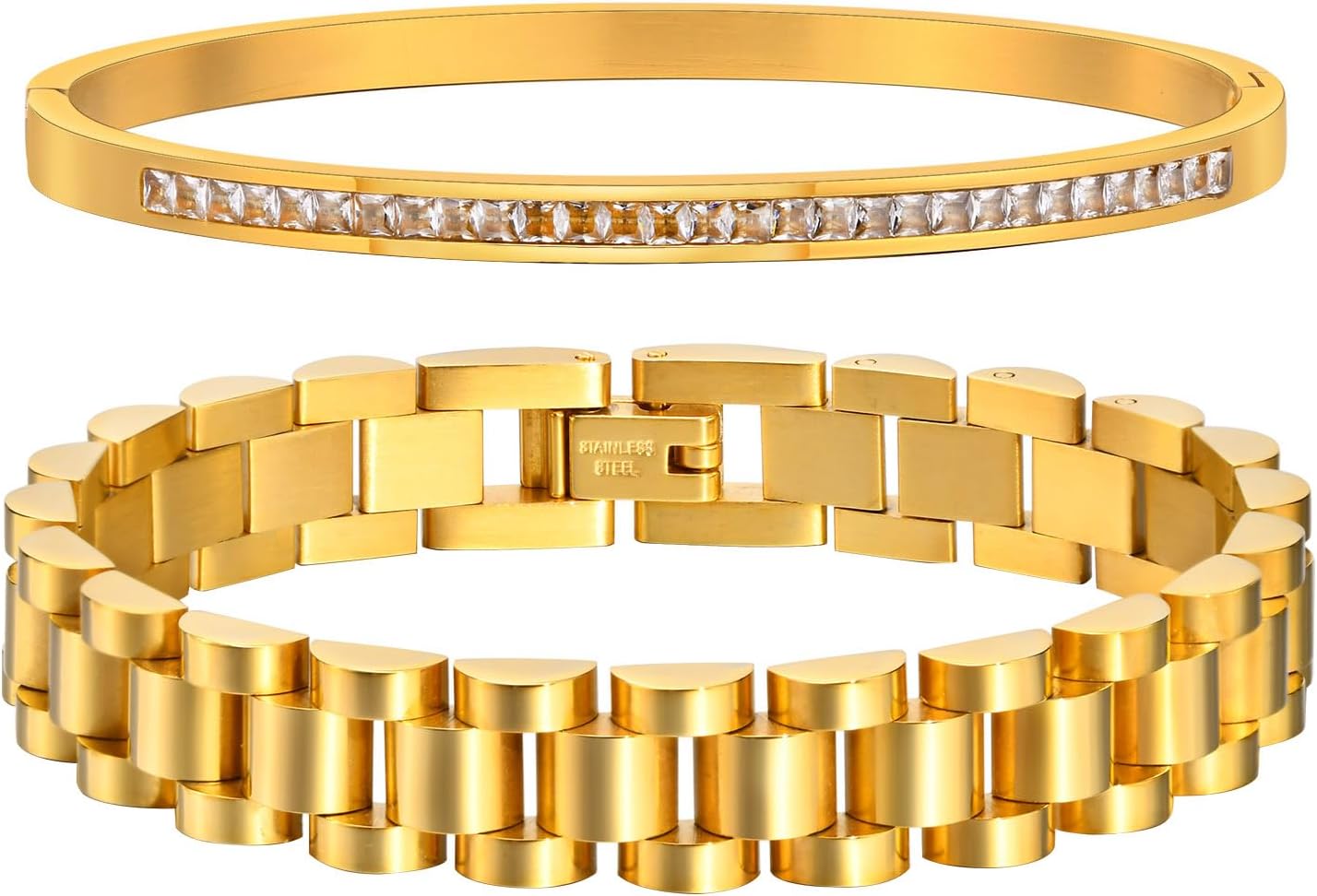 Manufacturer MPRAINBOW 2pcs Gold Chain Link Bracelet, Stainless Steel Crystal Friendship Bracelets Bangle,Watch Band Chains Wristband Jewelry with Adjust Tool bracelets