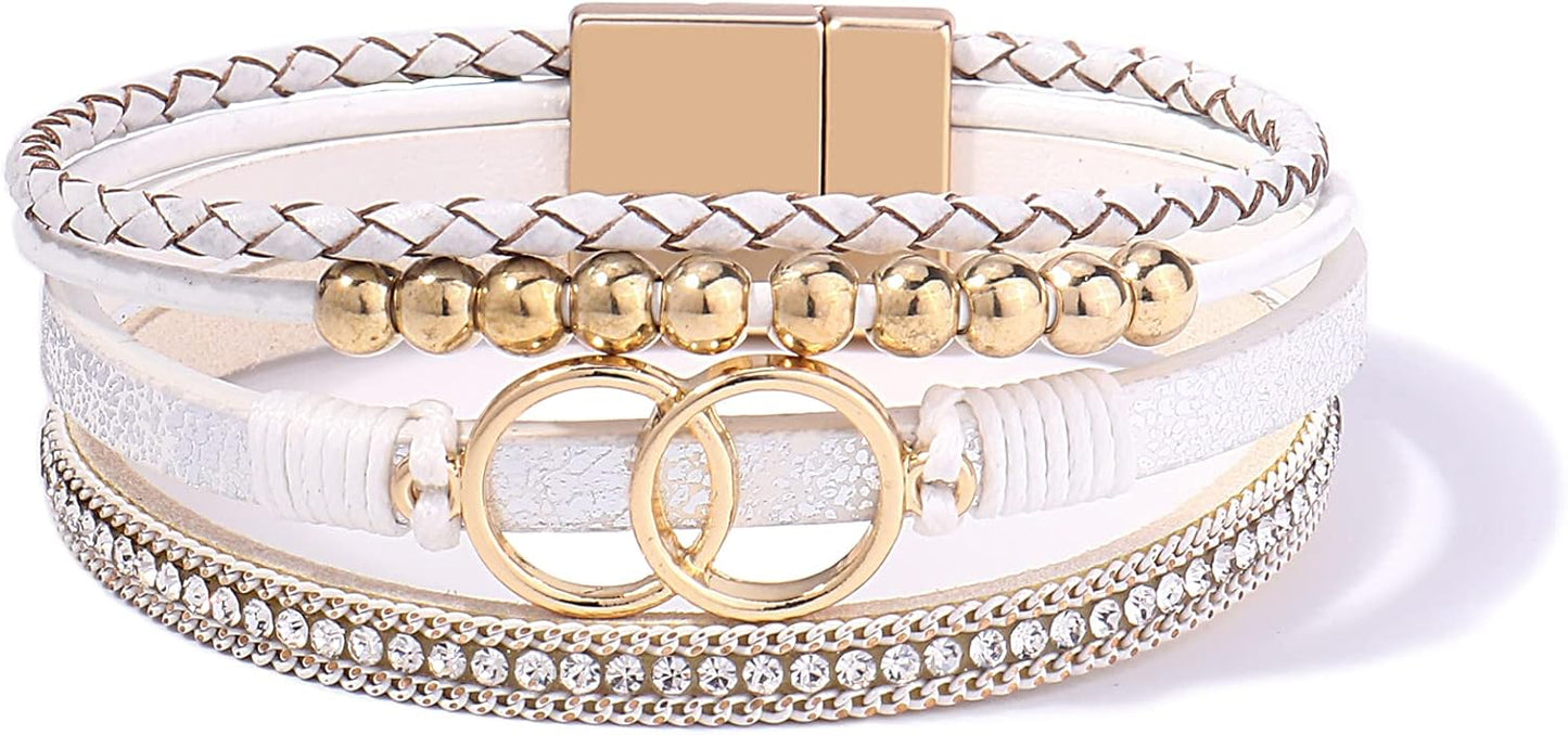 Manufacturer FANCY SHINY Boho Wrap Bracelets Leather Cuff Bangle Gold Beaded Bracelets for Women Stackable Infinity Bracelets Jewelry Gift Mom with Magnetic Clasp bracelets