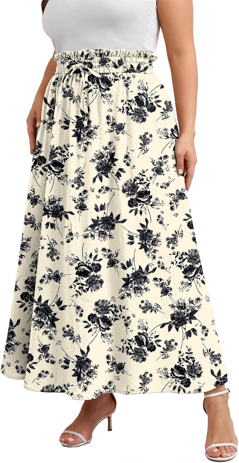 Xpenyo Womens Plus Size Maxi Skirts Summer Elastic High Waisted Boho Casual Beach Flowy Swing Long Skirts with Pockets