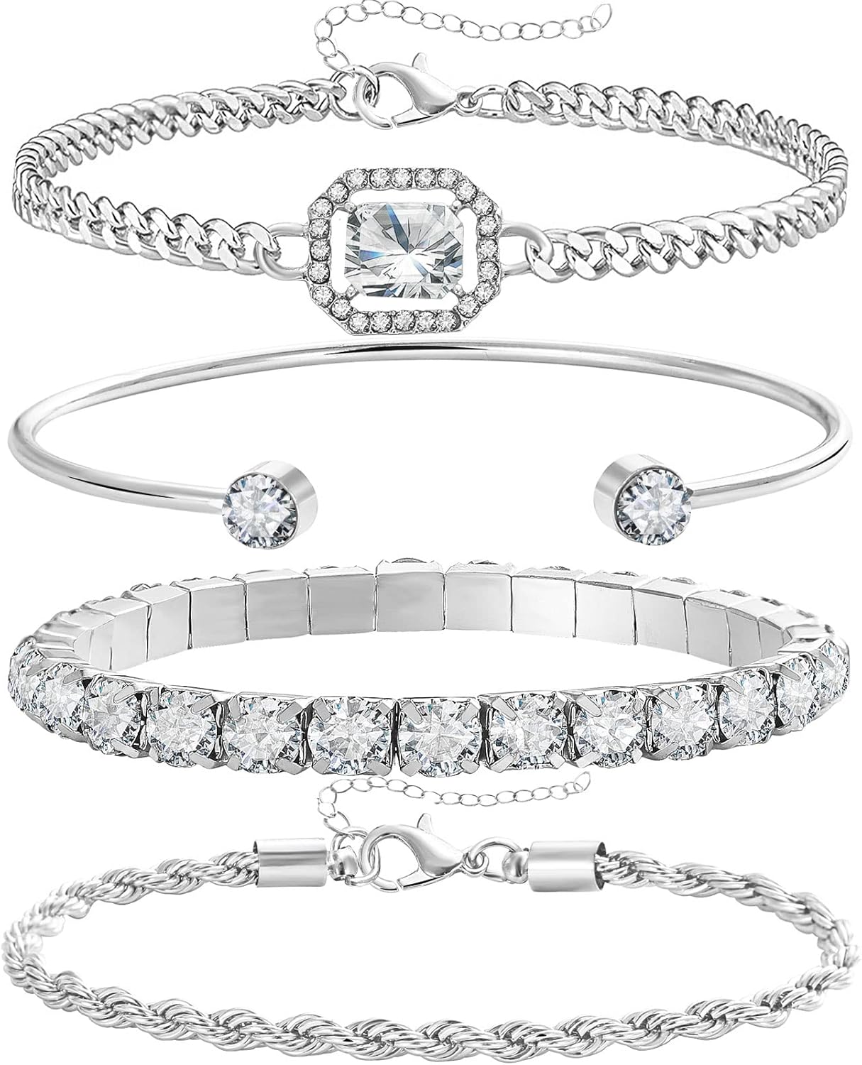 Manufacturer 4 Pcs Dainty Gold Silver Bracelets Set for Women 14K Plated Link Cubic Zirconia Paperclip Stake Layering Chain Adjustable Trendy Hand Jewelry bracelets