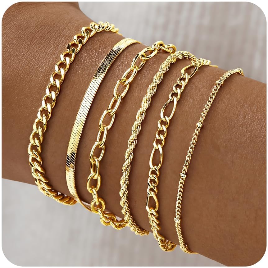 Manufacturer Gold Bracelets for Women Trendy,14K Real Gold Plated Dainty Stackable Paperclip Cuban Link Chain Bracelets,Cuff Bracelets Jewelry Set Adjustable 7"+2" bracelets