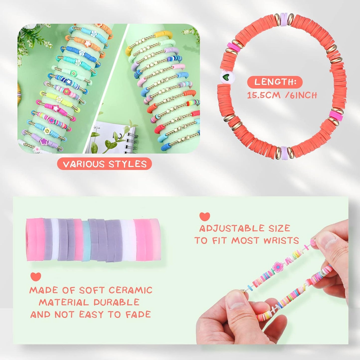 Manufacturer Jadive 48 Pcs Friendship Bracelets Bulk Colorful Adjustable Kids Bracelets Stretch Clay Preppy Surfer Beaded Halloween Christmas Girl Boys Party Favors Jewelry Gift Set, Various Styles bracelets
