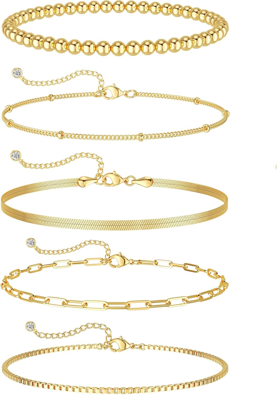 Manufacturer DEARMAY Gold Bracelets - Real 14K Women's Cute Tennis Cubic Beaded Link Paperclip Dainty Bracelet Pack bracelets