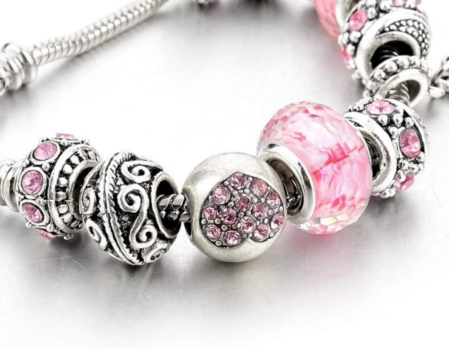 Manufacturer Pink Hearts Silver Plated Charm Bracelet Set, Jewelry Gifts with Beads, Charms, and Adjustable Snake Chain, Fits 7.5"+1.5" bracelets