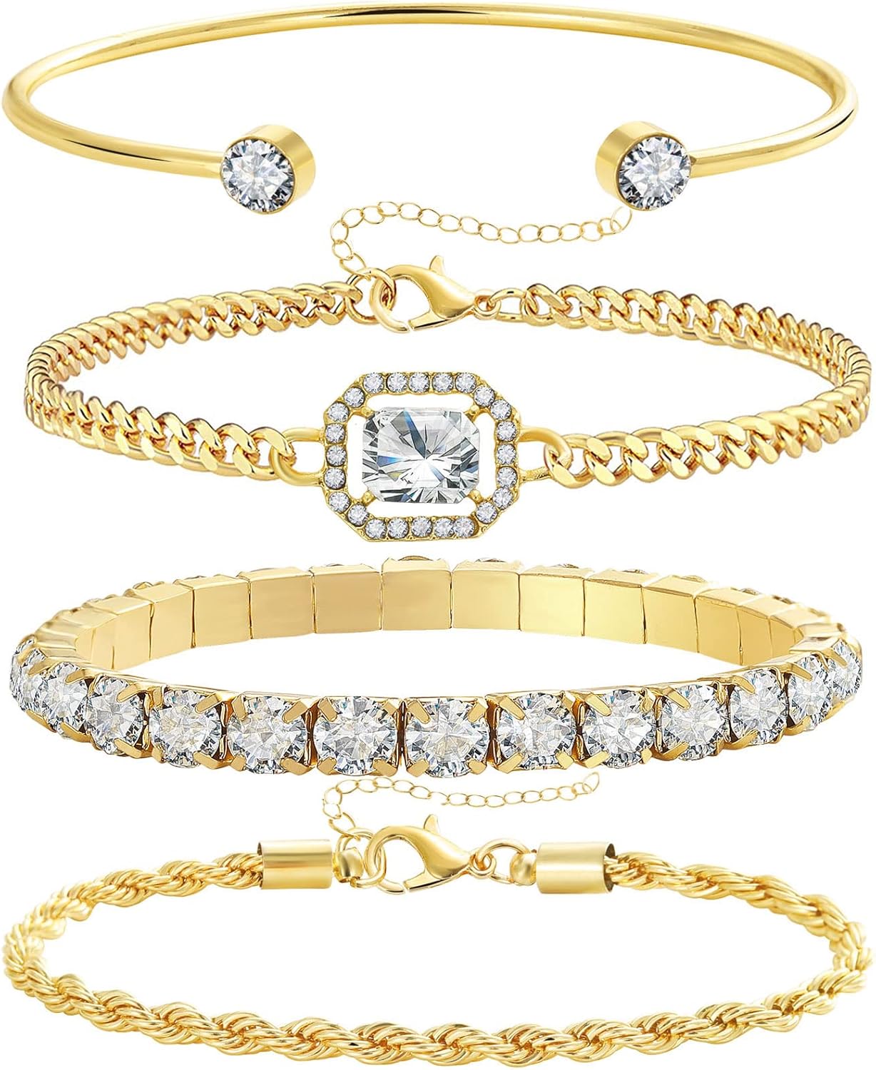 Manufacturer 4 Pcs Dainty Gold Silver Bracelets Set for Women 14K Plated Link Cubic Zirconia Paperclip Stake Layering Chain Adjustable Trendy Hand Jewelry bracelets