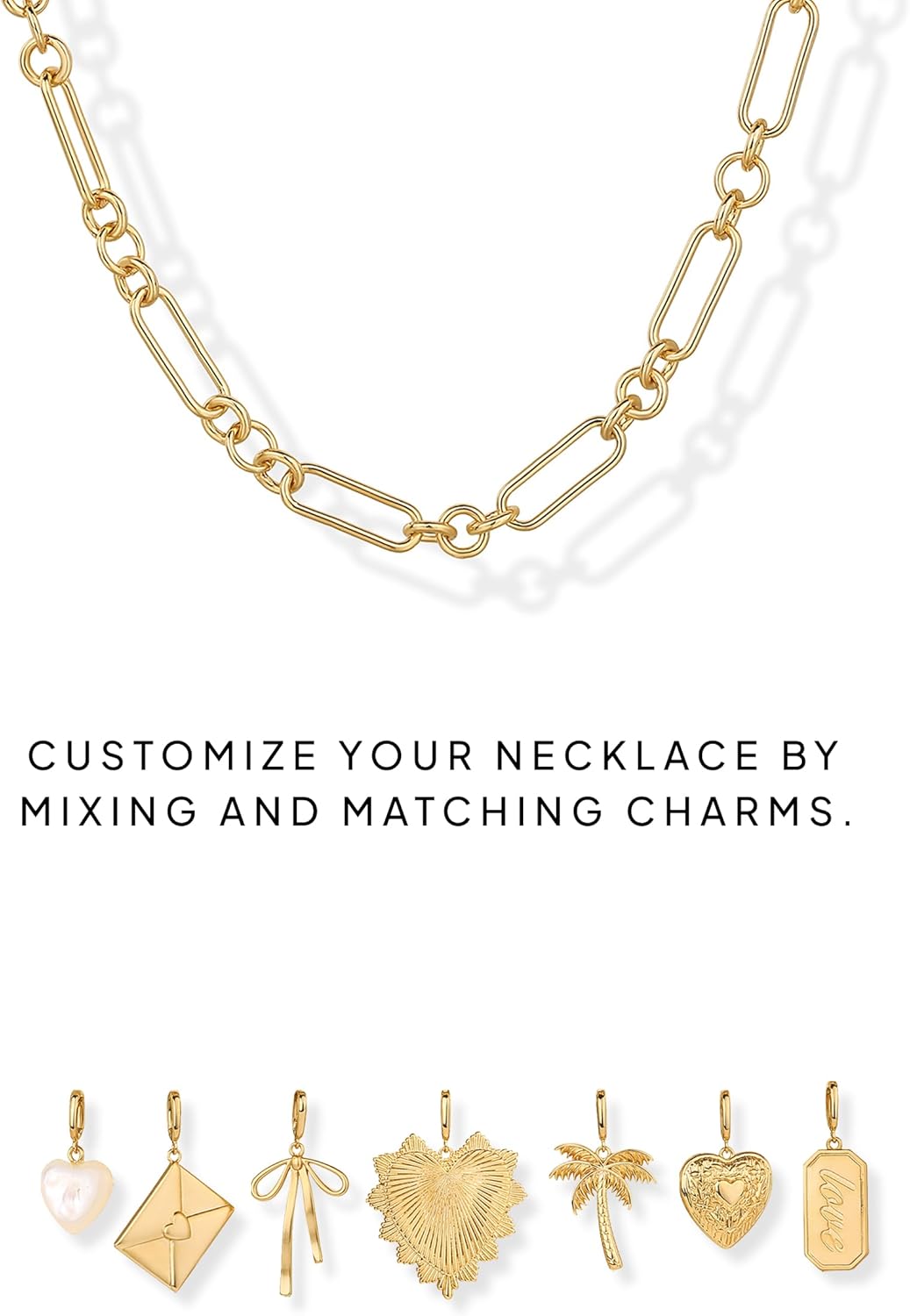 Manufacturer PAVOI 14K Gold Plated Chunky Charm Necklace Pack for Women | Statement Paperclip Chain Necklaces with Removable Charms | Heart Palm Tree Bow Pearl Love Friendship Necklace Necklace