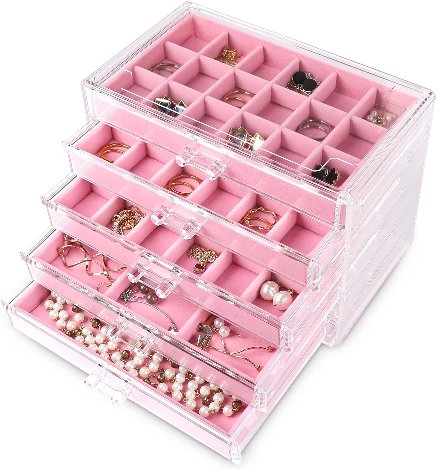 Manufacturer Frebeauty Acrylic Jewelry Organizer Earring Organizer Box with 5 Drawers Earring Holder Organizer with Velvet Trays Clear Jewelry Box for Women Earring Display for Rings Studs(Beige) rings