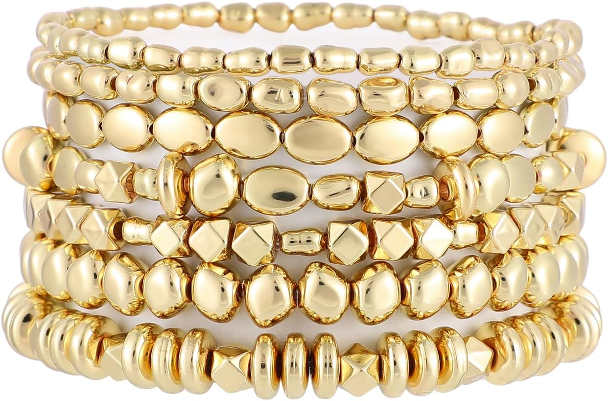 Manufacturer Gold Beaded Bracelets for Women Trendy, 14K Gold Plated Stack Cross Pearl Gold Bead Stretch Bracelets Set Elastic Hypoallergenic Bracelets Jewelry Gifts bracelets