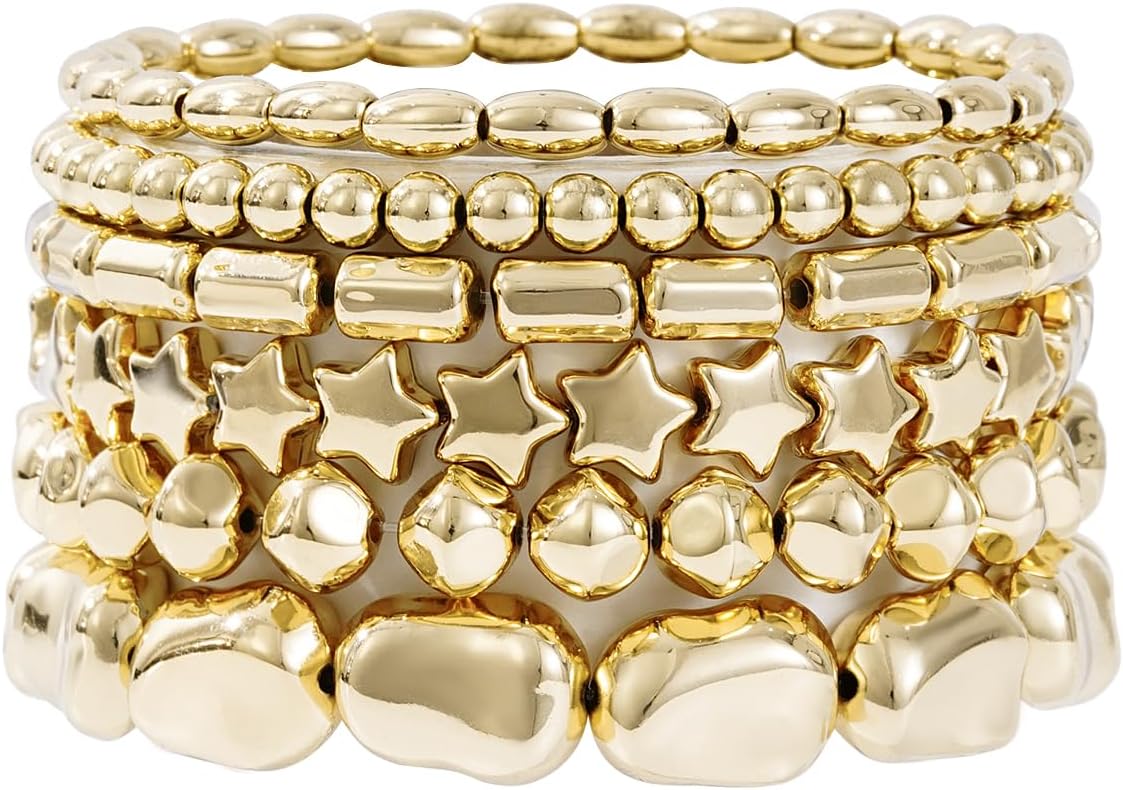 Manufacturer Gold Beaded Bracelets for Women Trendy, 14K Gold Plated Stack Cross Pearl Gold Bead Stretch Bracelets Set Elastic Hypoallergenic Bracelets Jewelry Gifts bracelets