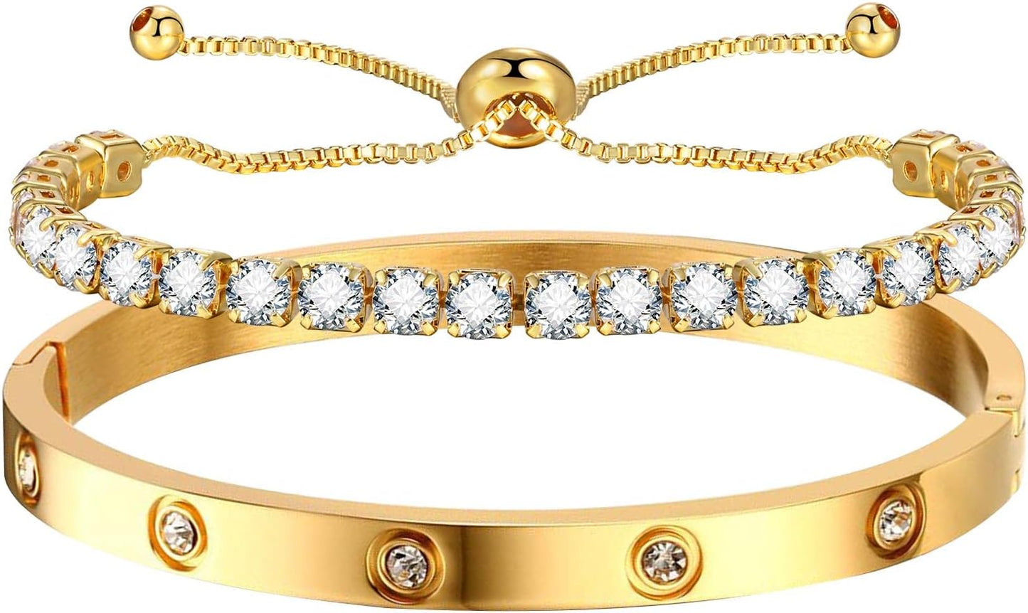 Manufacturer MPRAINBOW 2pcs Gold Chain Link Bracelet, Stainless Steel Crystal Friendship Bracelets Bangle,Watch Band Chains Wristband Jewelry with Adjust Tool bracelets