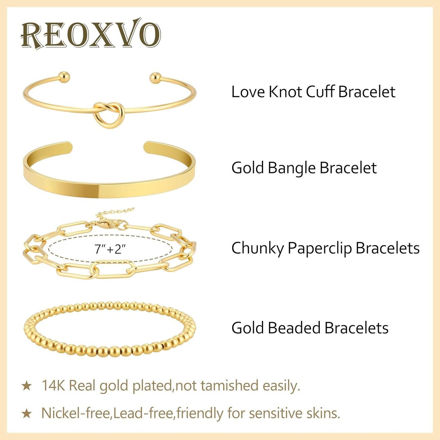 Manufacturer Reoxvo 14K Gold Plated Bangle Cuff Bracelets for Women Non Tarnish Gold Bracelet Stack Jewelry Set for Women Trendy bracelets