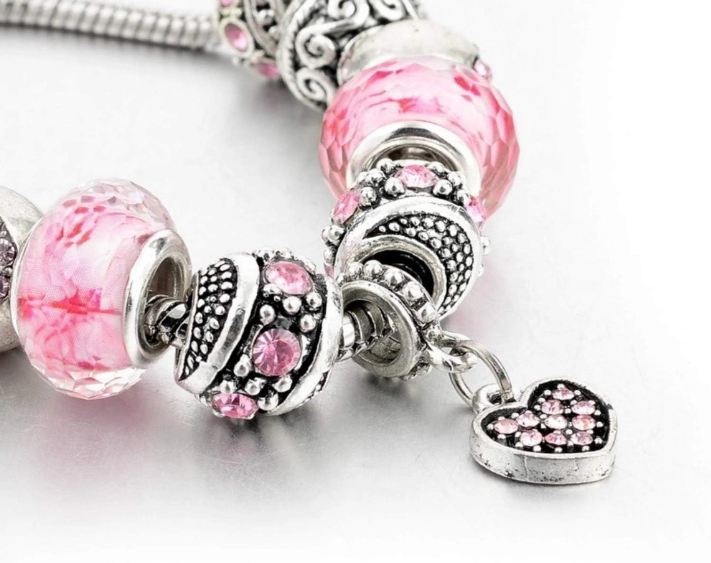 Manufacturer Pink Hearts Silver Plated Charm Bracelet Set, Jewelry Gifts with Beads, Charms, and Adjustable Snake Chain, Fits 7.5"+1.5" bracelets