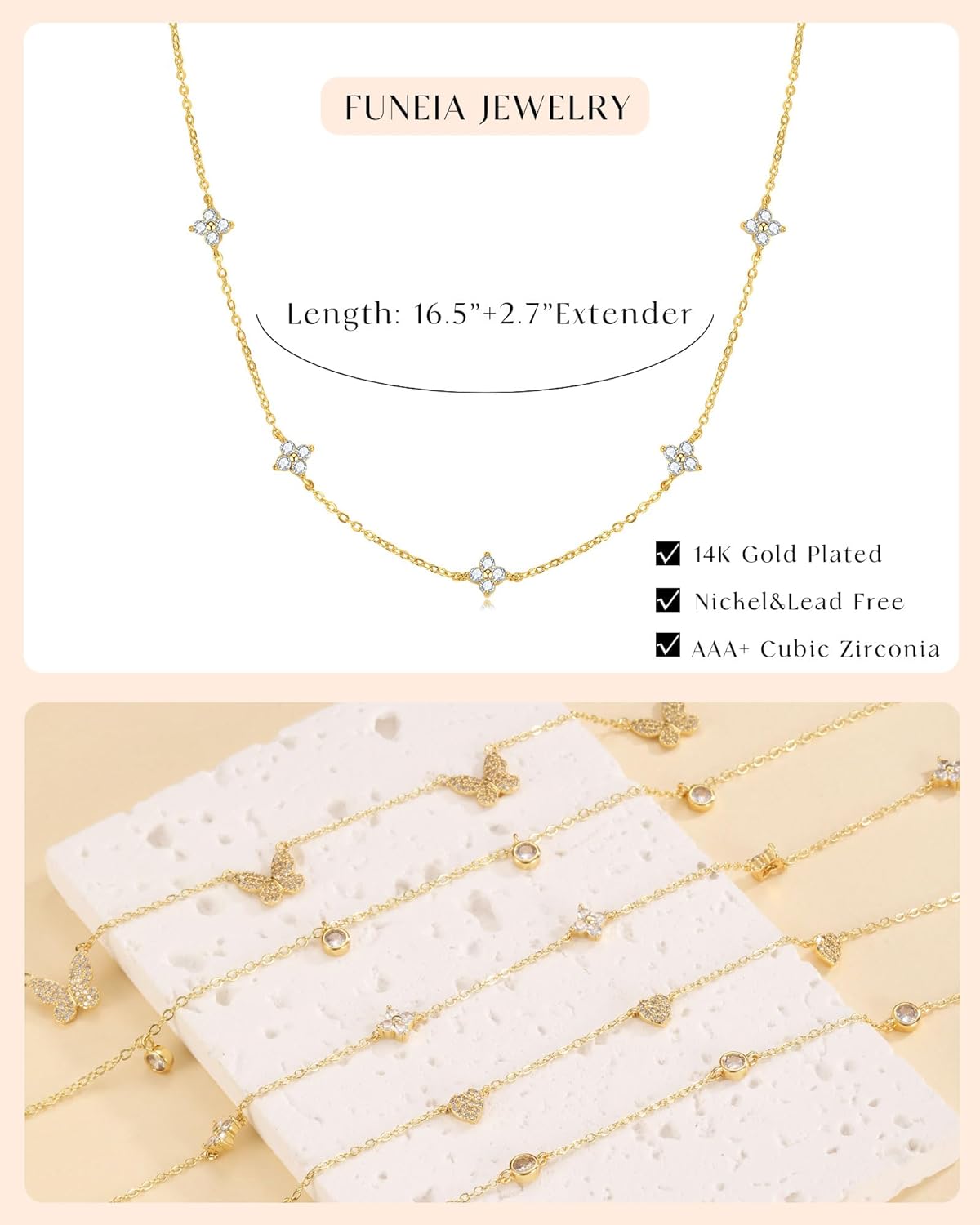 Manufacturer FUNEIA Dainty Silver Gold Necklaces for Women Trendy Non Tarnish 14K Gold Plated Cubic Zirconia Necklace Layered Cute Butterfly Heart Station Choker Necklace Stack for Wedding Prom Brides Jewelry Necklace