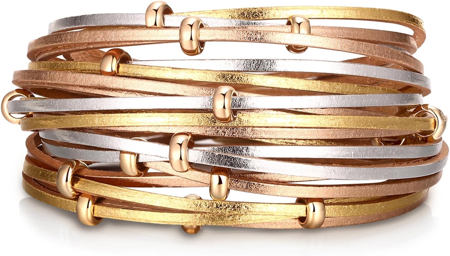 Manufacturer Fesciory Leather Wrap Bracelets for Women, Boho Leopard Multi-Layer Crystal Beads Cuff Bracelet Jewelry bracelets