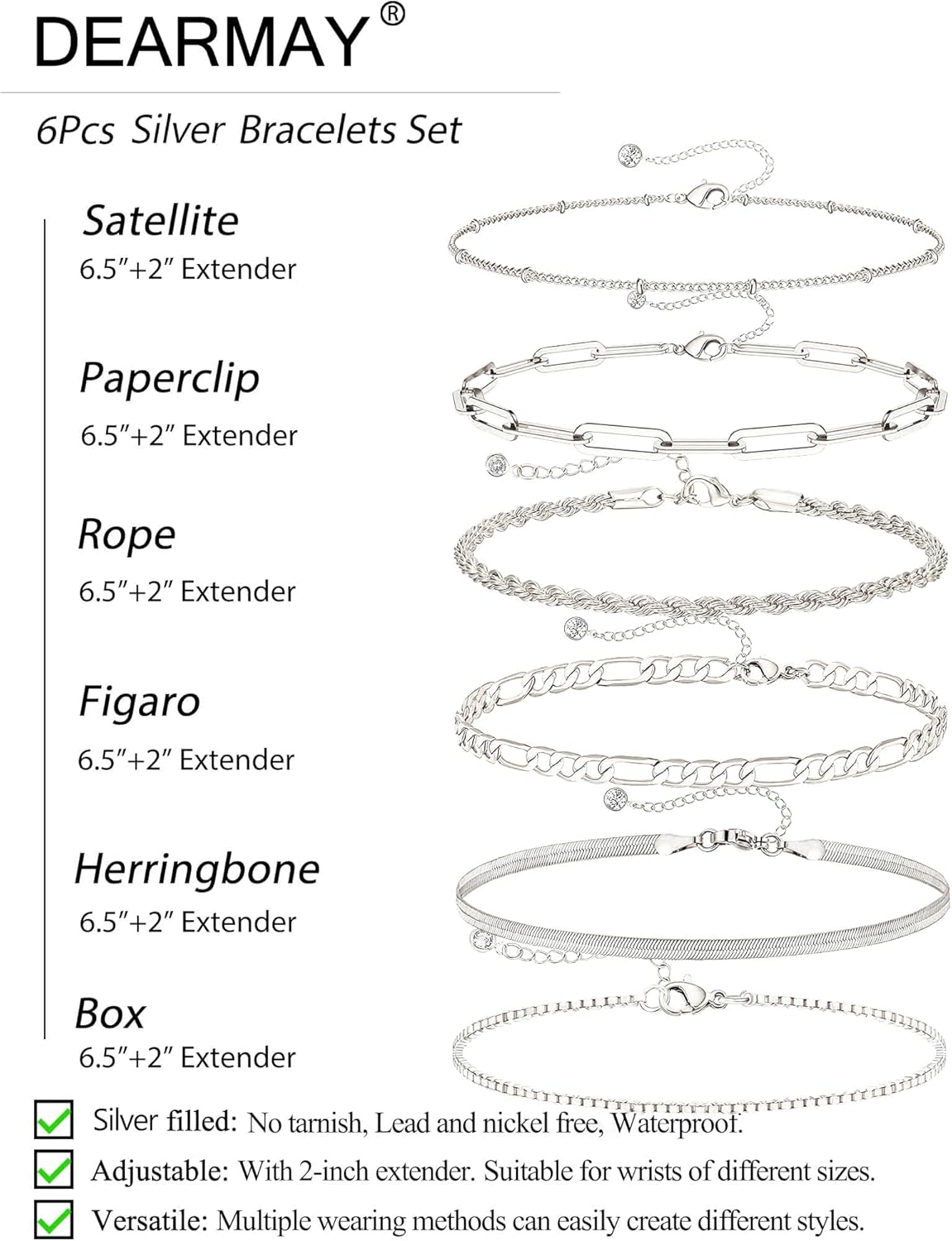 Manufacturer DEARMAY Dainty Silver Bracelets for Women Trendy, 925 Sterling Silver Jewelry Set for Women Bracelets for Women Paperclip Box Herringbone Figaro Rope Chain Bracelet Fashion Pack Gifts for Women bracelets