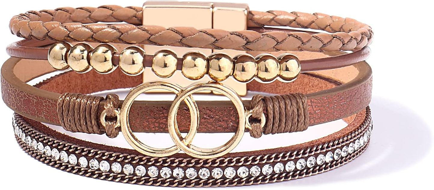 Manufacturer FANCY SHINY Boho Wrap Bracelets Leather Cuff Bangle Gold Beaded Bracelets for Women Stackable Infinity Bracelets Jewelry Gift Mom with Magnetic Clasp bracelets