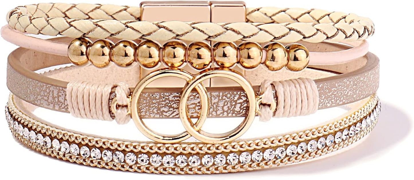 Manufacturer FANCY SHINY Boho Wrap Bracelets Leather Cuff Bangle Gold Beaded Bracelets for Women Stackable Infinity Bracelets Jewelry Gift Mom with Magnetic Clasp bracelets