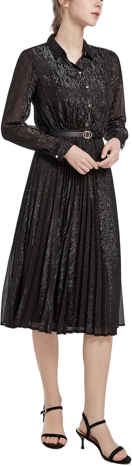 Manufacturer Business Casual Shirt Dress for Women Long Sleeves Pleated Midi Dresses with Belt dresses