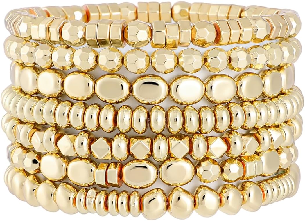 Manufacturer Gold Beaded Bracelets for Women Trendy, 14K Gold Plated Stack Cross Pearl Gold Bead Stretch Bracelets Set Elastic Hypoallergenic Bracelets Jewelry Gifts bracelets