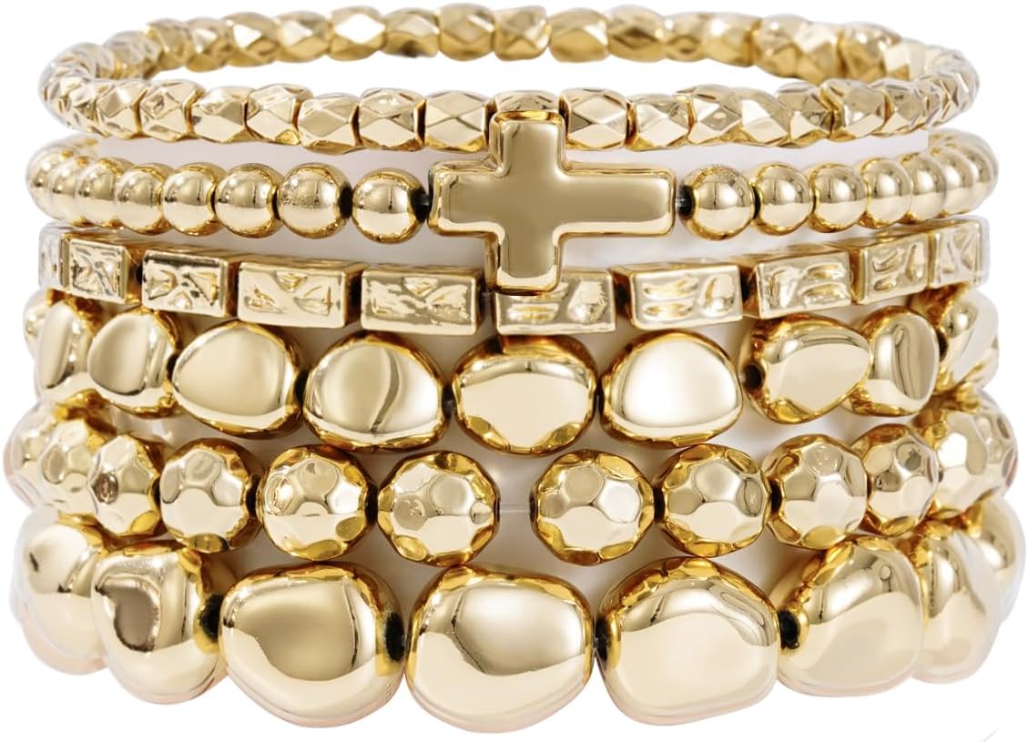 Manufacturer Gold Beaded Bracelets for Women Trendy, 14K Gold Plated Stack Cross Pearl Gold Bead Stretch Bracelets Set Elastic Hypoallergenic Bracelets Jewelry Gifts bracelets