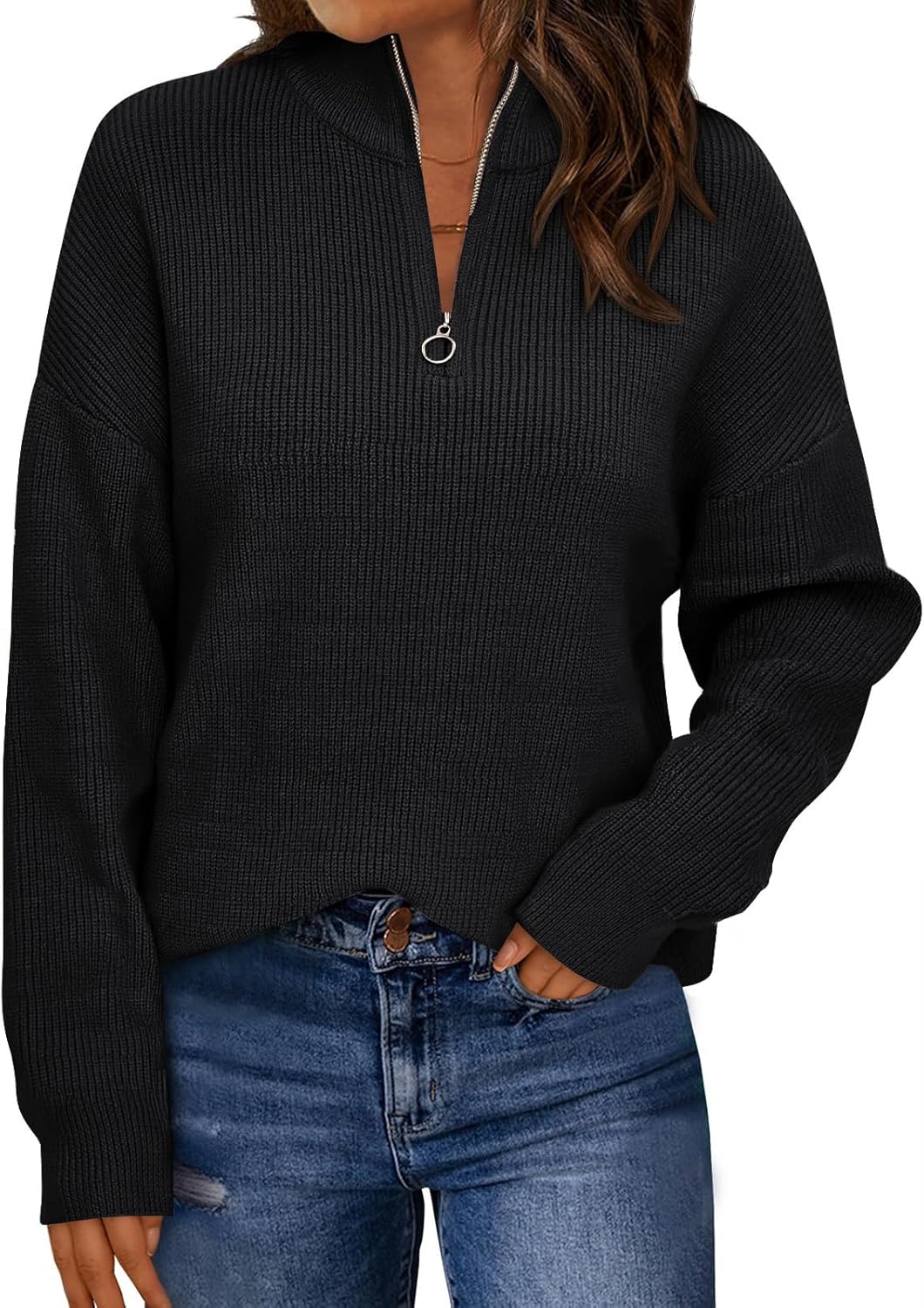 Manufacturer LILLUSORY Women's Quarter Zip Striped Oversized Sweater Mock Turtleneck Fall Fashion Outfit sweaters