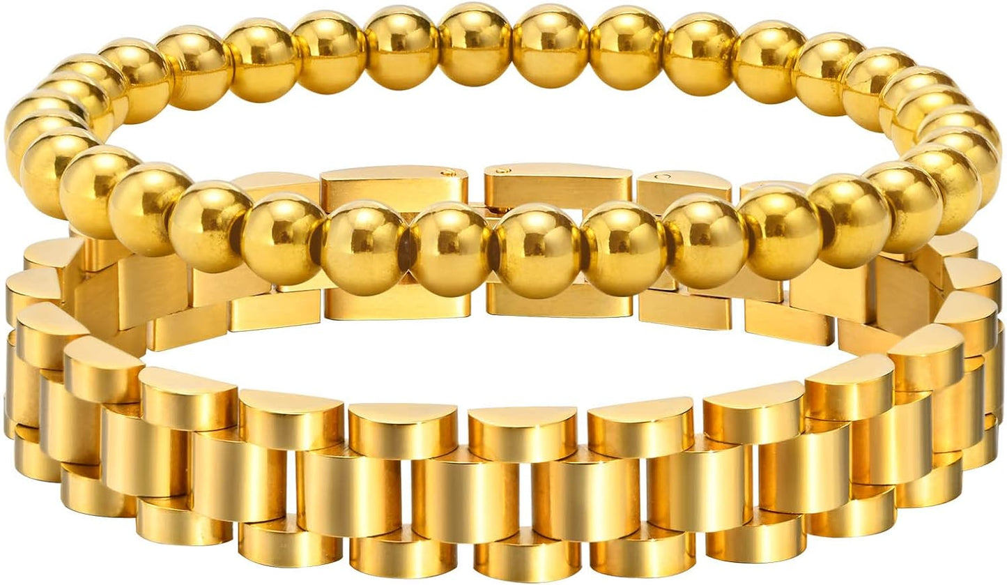 Manufacturer MPRAINBOW 2pcs Gold Chain Link Bracelet, Stainless Steel Crystal Friendship Bracelets Bangle,Watch Band Chains Wristband Jewelry with Adjust Tool bracelets