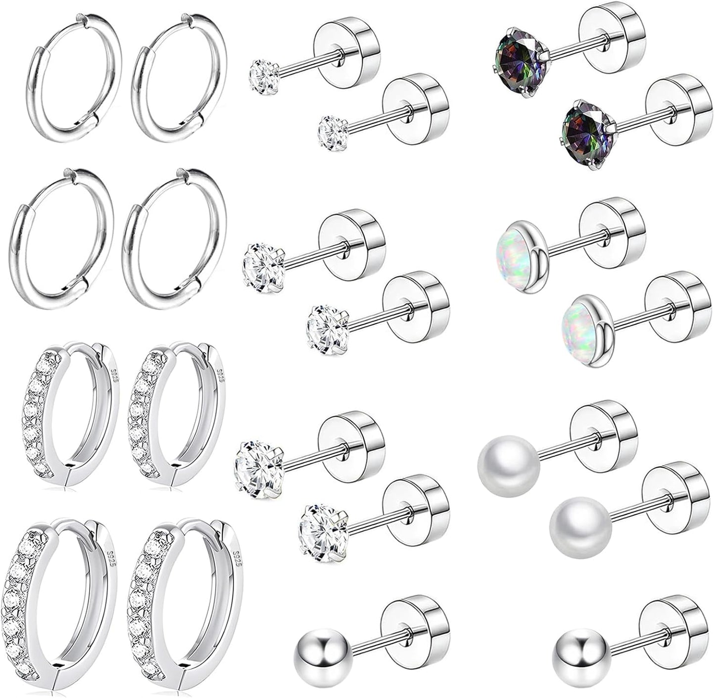 Manufacturer Surgical Steel Flat Back Earrings Set for Multiple Piercing Sensitive Ears,Sterling Silver Hypoallergenic Small Cartilage Huggie Hoop Earrings Titanium Tiny CZ Pearl Opal Stud Earrings for Women earring