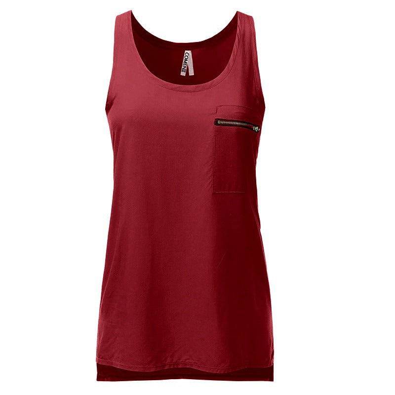 Hot Sale Pocket Solid Color Chiffon T-Shirts Large Size Foreign Trade European and American Women's Vest New