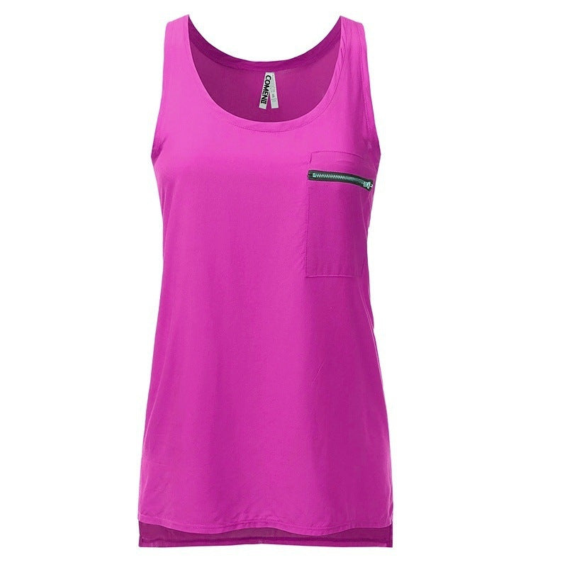 Hot Sale Pocket Solid Color Chiffon T-Shirts Large Size Foreign Trade European and American Women's Vest New