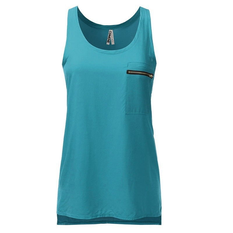 Hot Sale Pocket Solid Color Chiffon T-Shirts Large Size Foreign Trade European and American Women's Vest New