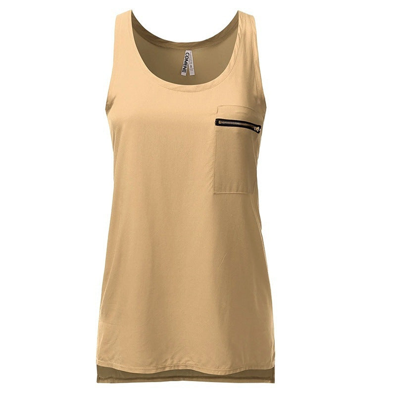 Hot Sale Pocket Solid Color Chiffon T-Shirts Large Size Foreign Trade European and American Women's Vest New