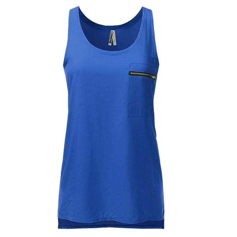 Hot Sale Pocket Solid Color Chiffon T-Shirts Large Size Foreign Trade European and American Women's Vest New