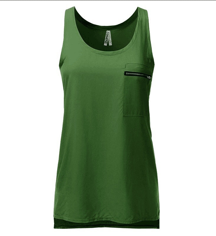 Hot Sale Pocket Solid Color Chiffon T-Shirts Large Size Foreign Trade European and American Women's Vest New
