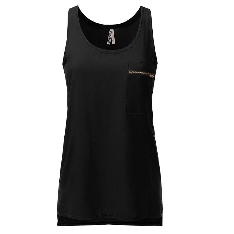 Hot Sale Pocket Solid Color Chiffon T-Shirts Large Size Foreign Trade European and American Women's Vest New