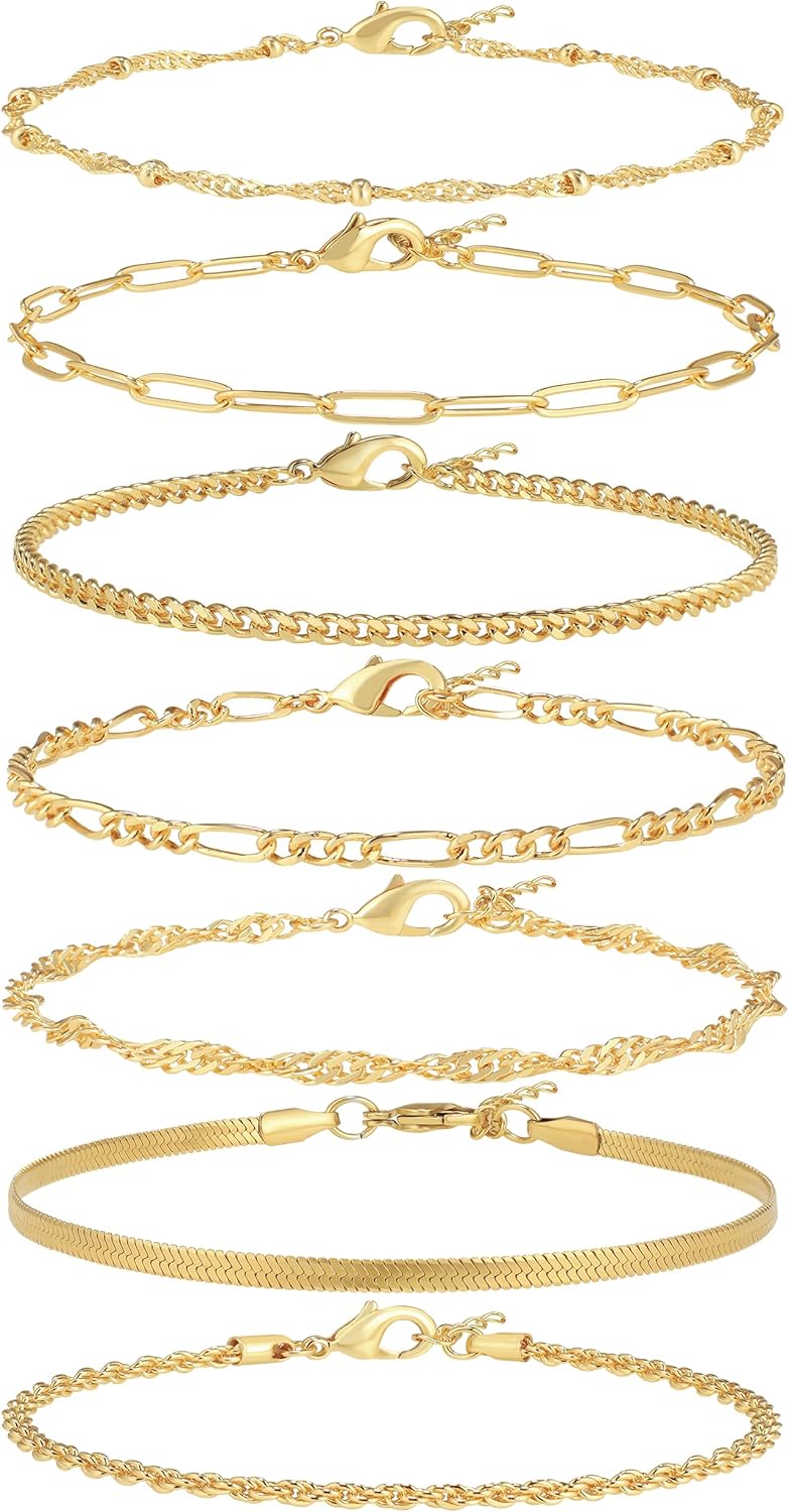 Manufacturer Reoxvo Dainty Bracelets for Women Trendy, Sterling Silver Plated Brass Link Chain Charm Bracelet Set for Women Stack 14K Gold Plated Brass Link Bracelets Jewelry Gift for Women rings