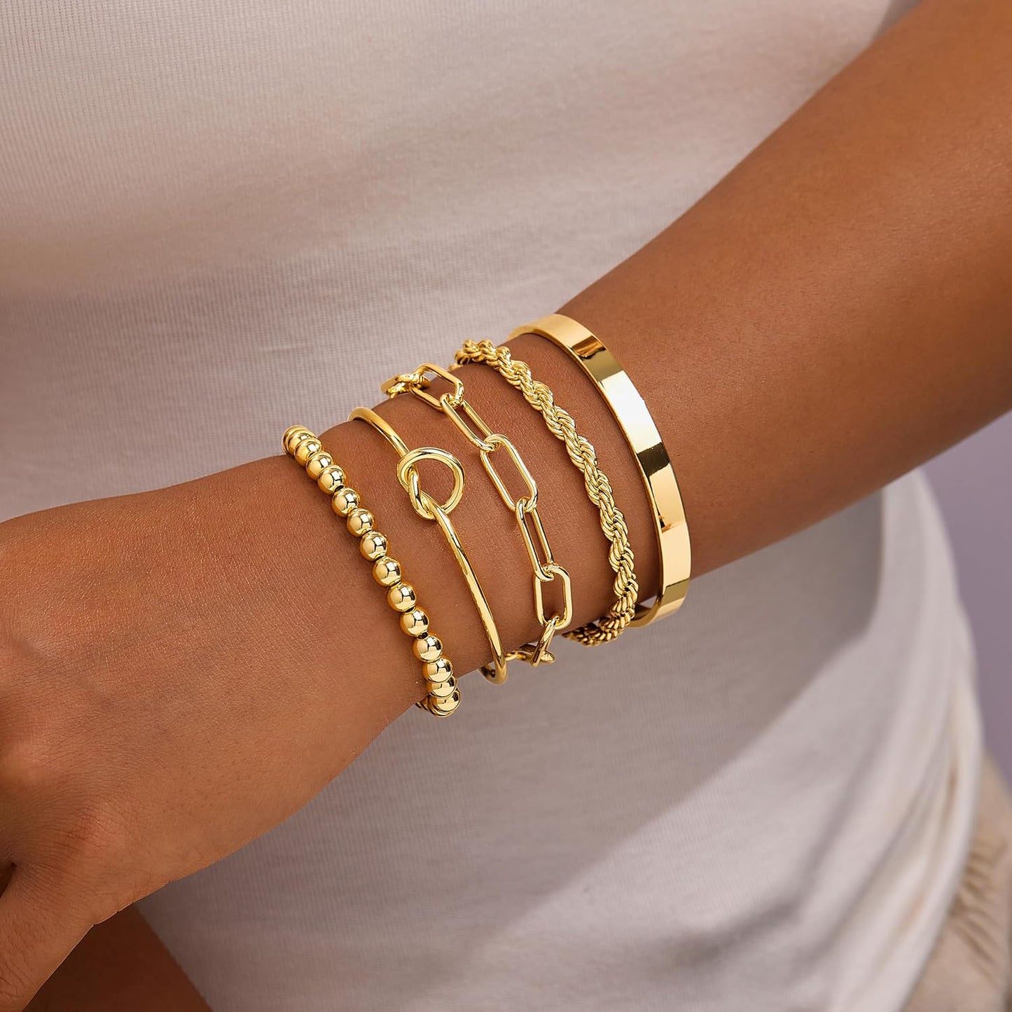 Manufacturer Gold Bracelets for Women Non Tarnish, 14K Gold Plated Chunky Cuff Bracelet Gold Bangles Bracelet for Women Trendy Tie Knot Cuban Rope Paperclip Beaded Bracelet Stack Jewelry Gifts bracelets