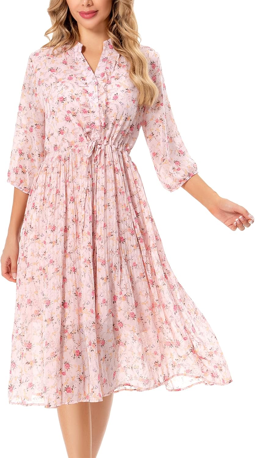 Manufacturer Shineflow Women's Short Sleeve V-Neck 3/4 Sleeve Button Up Chiffon Floral Pleated Midi Swing Dress with Belt dresses