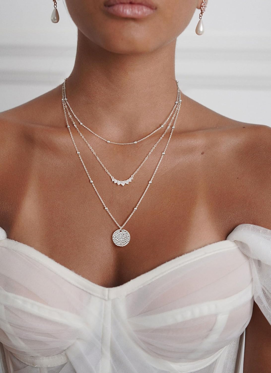Manufacturer Layered Silver Necklaces for Women, Sterling Silver Stackable Stack Choker Necklaces Trendy Real Gold Plated Layering Disc Circle Pendant Chain Dainty Necklace Set Jewelry for Women Necklace