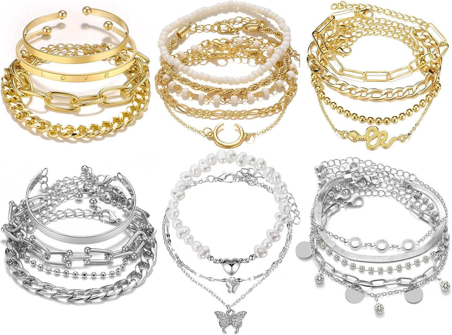 Manufacturer 17IF 18-25 PCS(6 Pack) Boho Gold Bracelets Set for Women Stackable Chunky Dainty Bangles Adjustable Chain Flat Cuff Cuban Punk Charm Bundle Jewelry bracelets