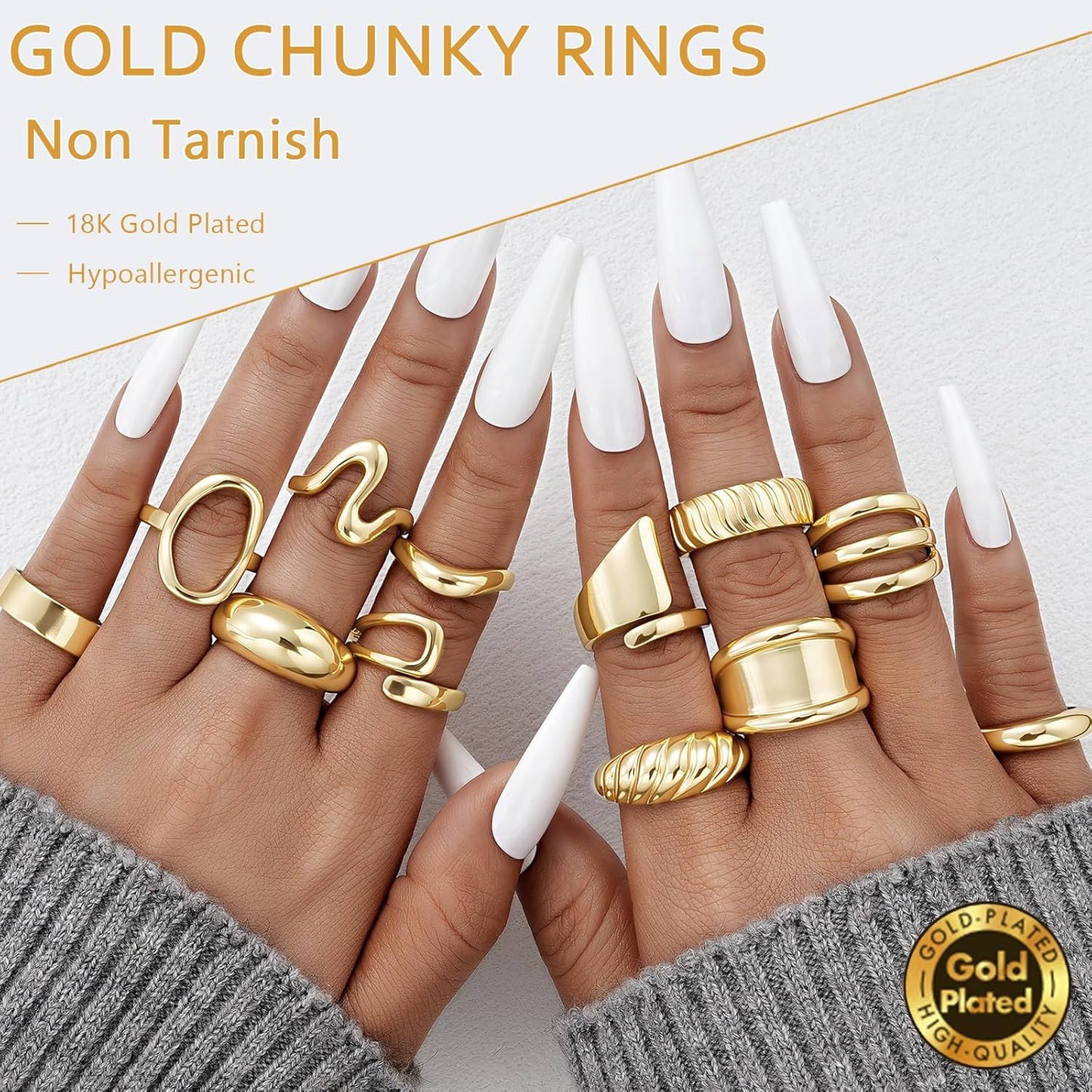 Manufacturer 12 PCS Chunky Gold Stackable Rings for Women Non Tarnish, 18K Gold Plated Statement Open Stacking Rings, Knuckle Band Ring Set rings