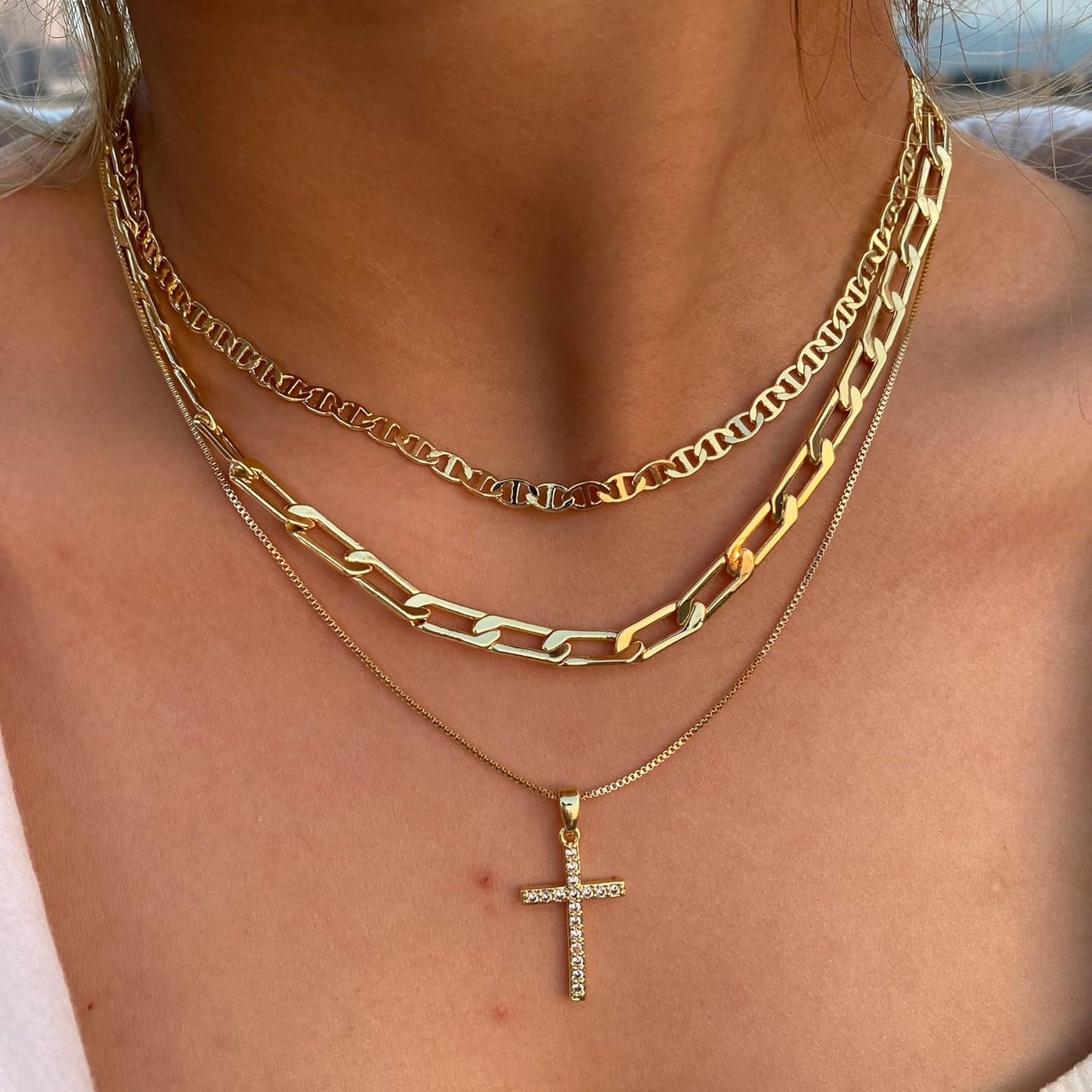 Manufacturer Cross Necklace for Women,Stackable Stacked Stacking Layering Layered Necklaces Dainty Gold Necklace Paperclip Box Flat Mariner Chain Necklace Cross Pendant CZ Diamond Simple Jewelry Gift Necklace