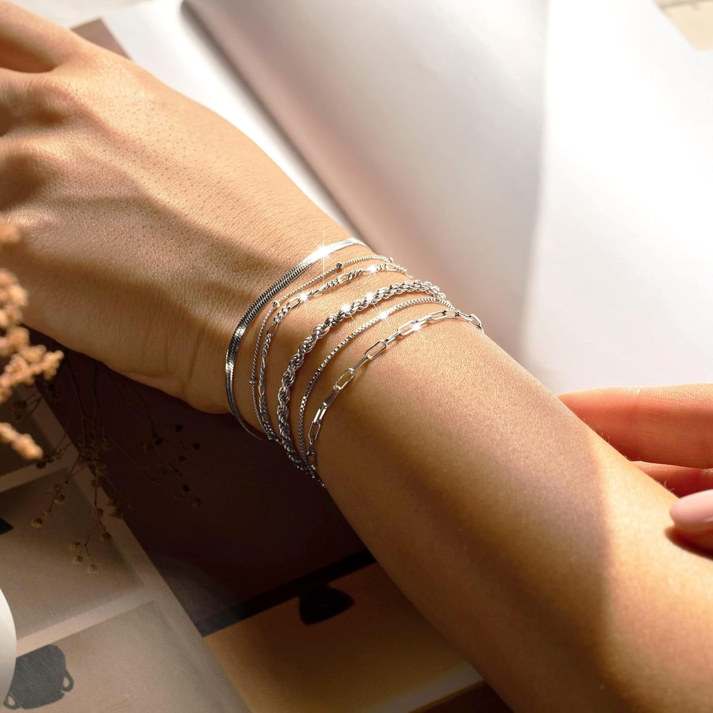 Manufacturer DEARMAY Dainty Silver Bracelets for Women Trendy, 925 Sterling Silver Jewelry Set for Women Bracelets for Women Paperclip Box Herringbone Figaro Rope Chain Bracelet Fashion Pack Gifts for Women bracelets