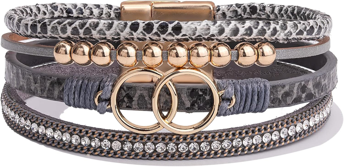 Manufacturer FANCY SHINY Boho Wrap Bracelets Leather Cuff Bangle Gold Beaded Bracelets for Women Stackable Infinity Bracelets Jewelry Gift Mom with Magnetic Clasp bracelets
