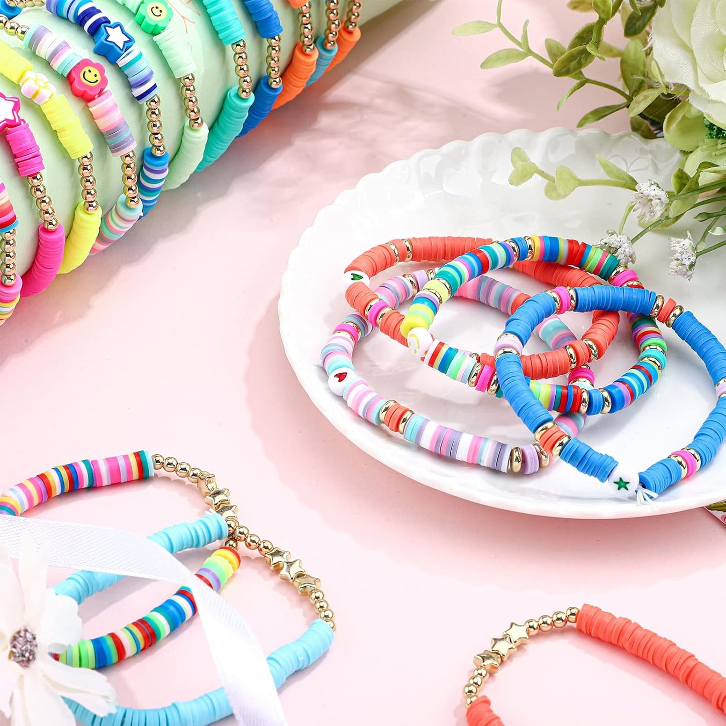Manufacturer Jadive 48 Pcs Friendship Bracelets Bulk Colorful Adjustable Kids Bracelets Stretch Clay Preppy Surfer Beaded Halloween Christmas Girl Boys Party Favors Jewelry Gift Set, Various Styles bracelets